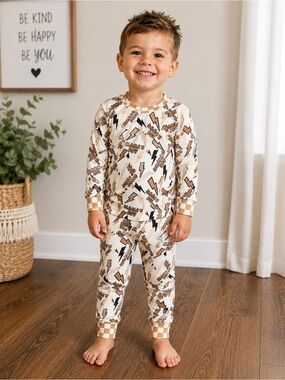 Kids Lightning Bolt Pajama Set - Neutral Cream & Brown